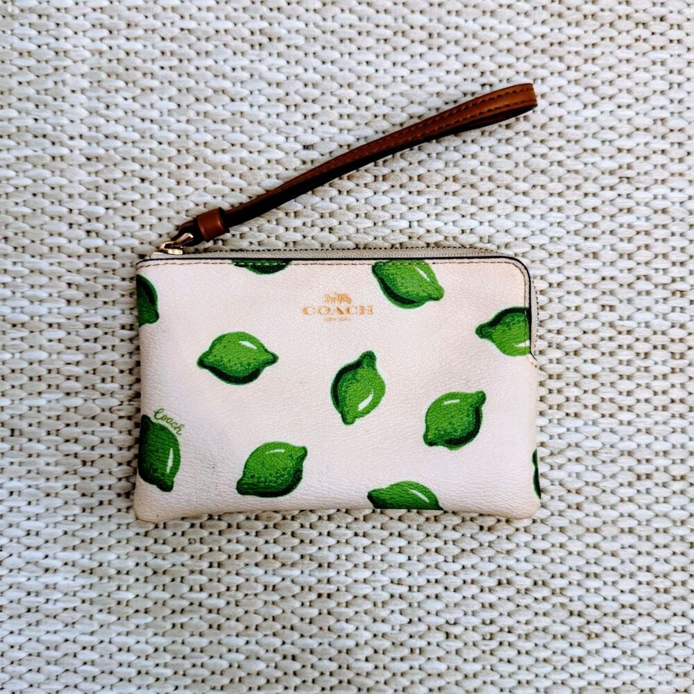 Coach Corner Zip Wristlet Lime Print Chalk Green Leather Gold Hardware Novelty